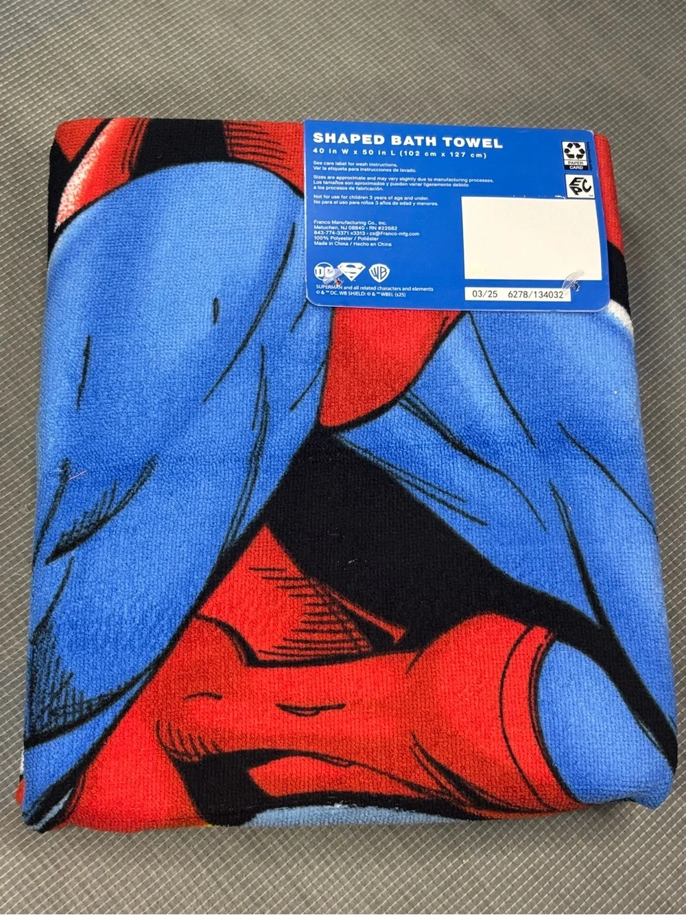 DC Superman Shaped BathTowel in Blue, Red, Yellow 40in W x 50in L New